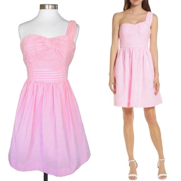 LILLY PULITZER Addison One Shoulder Party Dress Size 2 Pink Tropics Seersucker - Picture 1 of 12